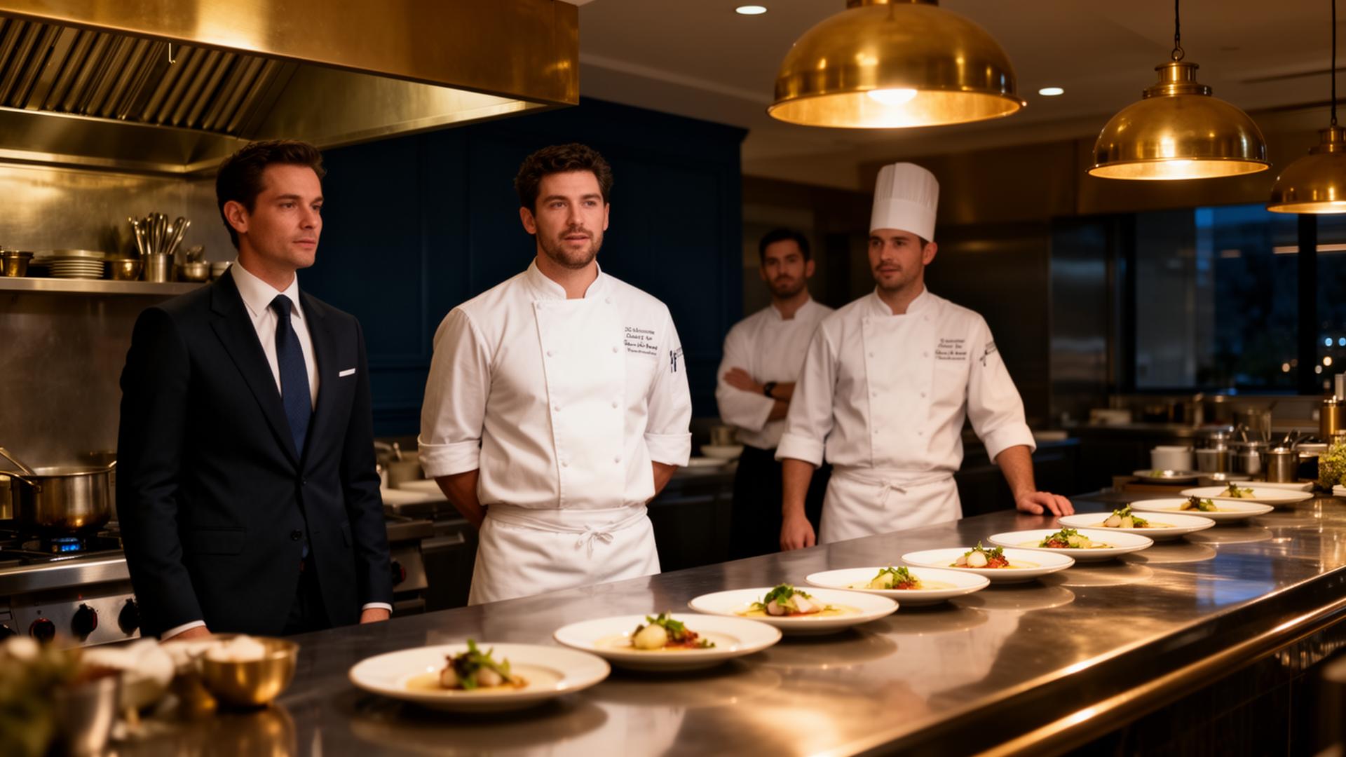 F&B leadership at the pass — executive chef, director of F&B and brigade in a luxury hotel kitchen