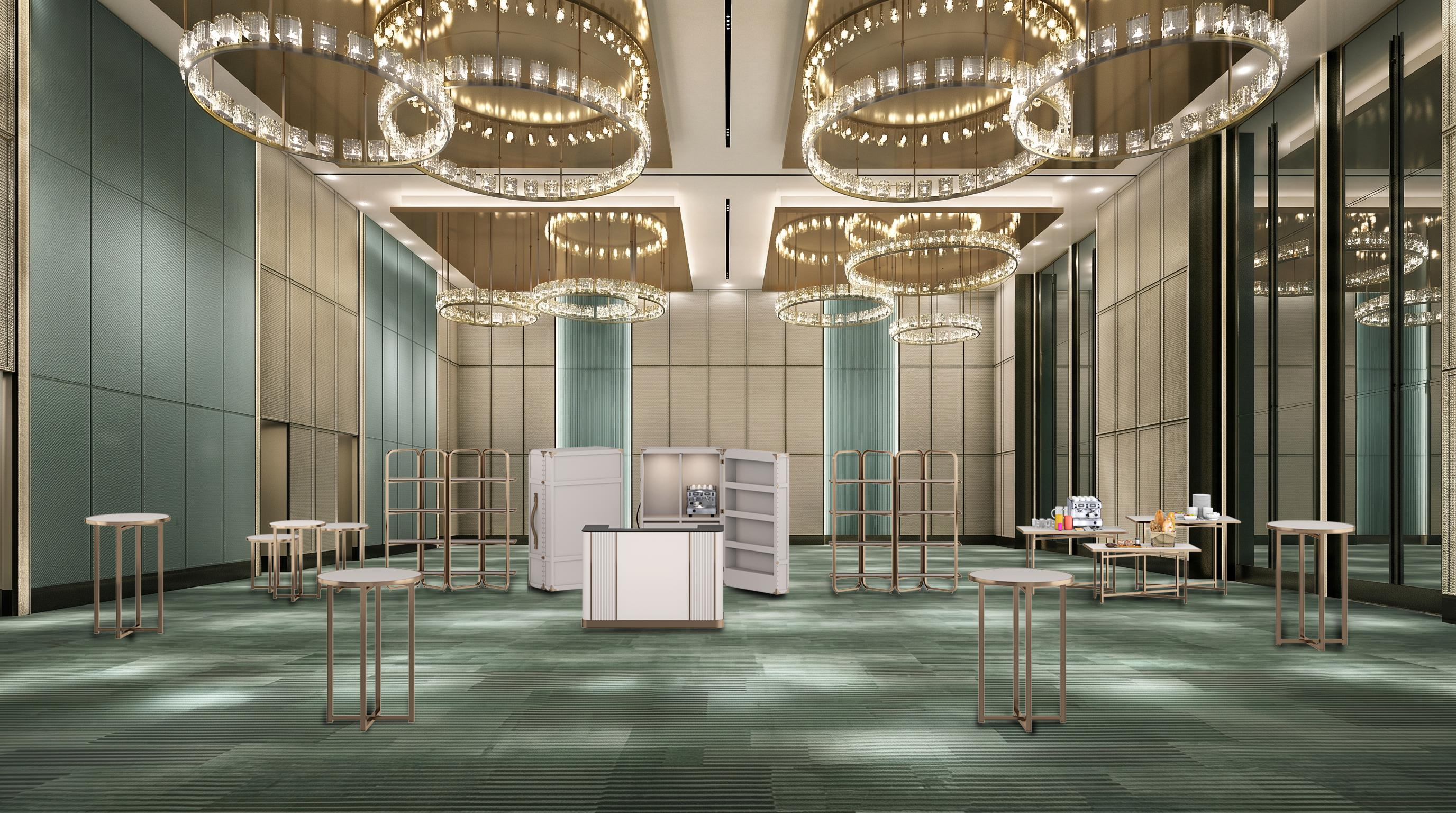 Hotel ballroom with crystal chandeliers and Unique Visionary buffet trolleys