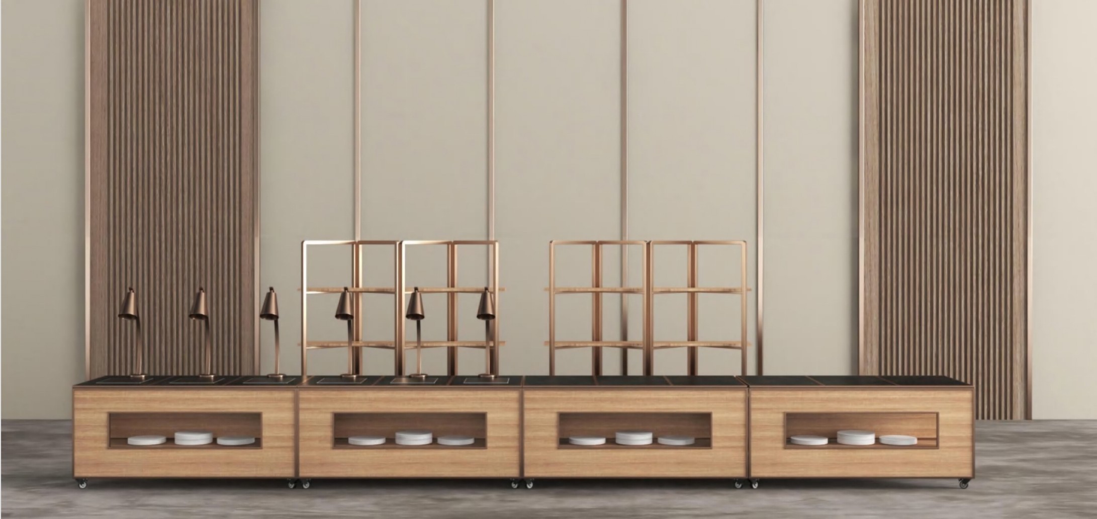 Row of four bespoke modular wooden buffet stations with copper heat lamps and shelving