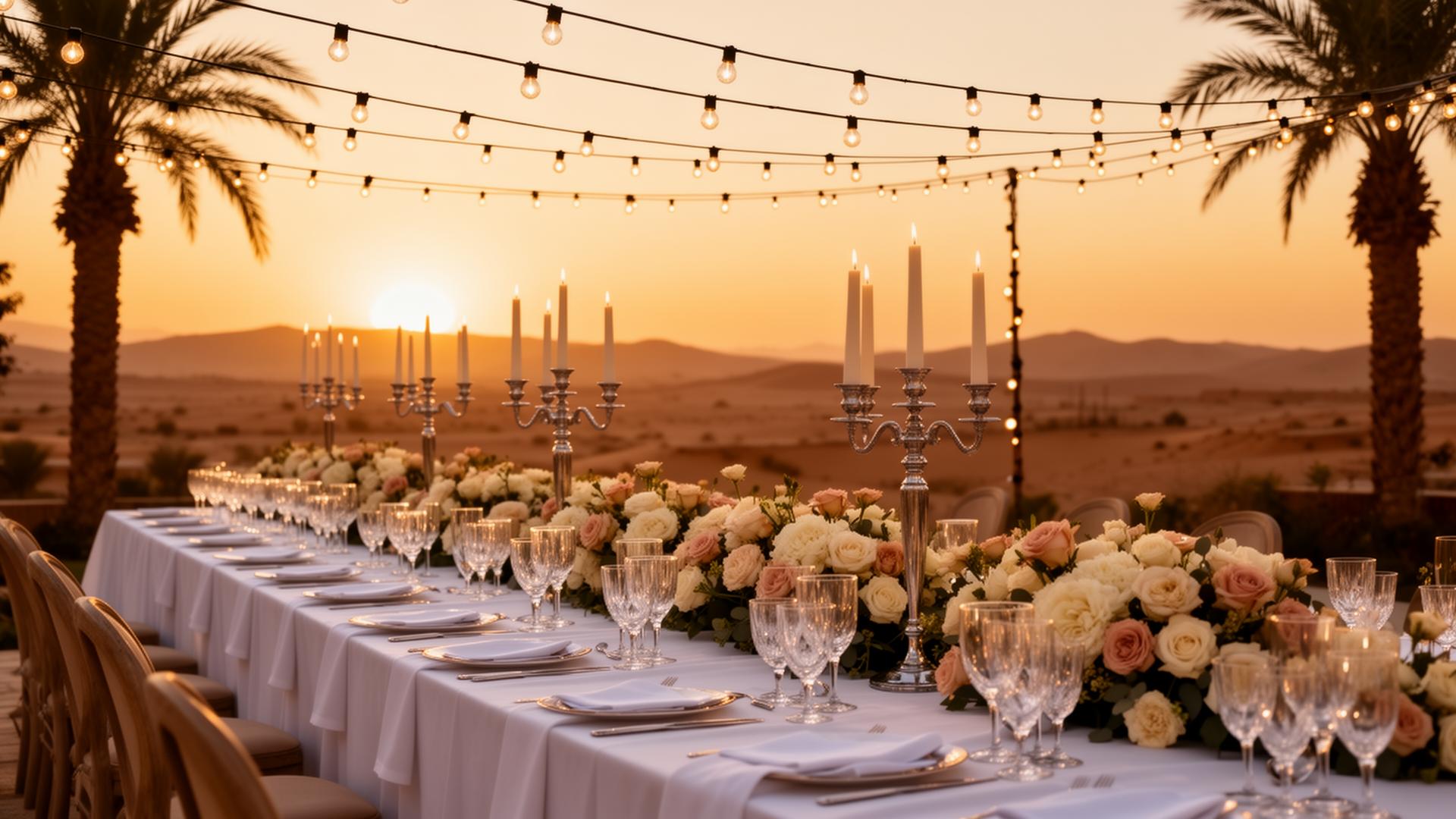 Destination wedding banquet at golden hour